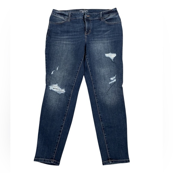 Maurices Denim - Maurices Mid Rise Dark Blue Distressed Jeggings Size Large